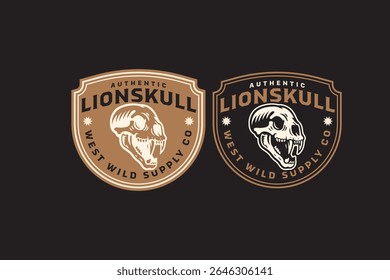 tiger skull badge logo set in vintage style. wild lion skull emblem for outdoor gear. retro animal skull patch for wildlife, adventure, outdoor, motorcycle clubs branding, signage and packaging