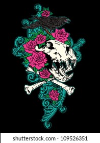 Tiger Skull and Crow and Roses