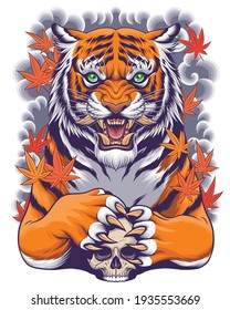 Tiger and Skull Illustration with Japanese Style Art Background