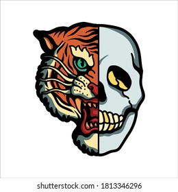 tiger and skull tattoo vector design