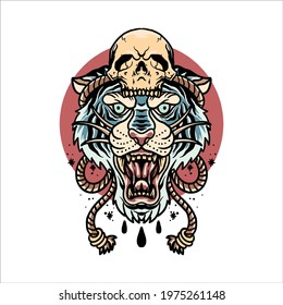 tiger and skull tattoo vector design