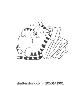 Tiger sleep cartoon outline black white cute character. Vector isolated illustration.