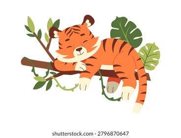 Tiger Sleeping On Branch Cartoon Style