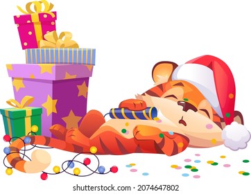 Tiger sleeps with gifts and a firecracker.For postcards and design.Vector illustration drawn by hand