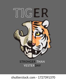 tiger slogan with tiger face half skull illustration on grey background