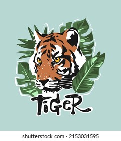 eslogan tigre con cabeza tigre e ilustración vectorial de hoja tropical