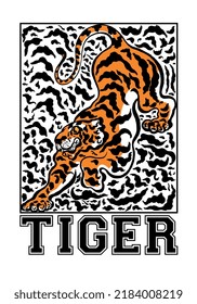 Tiger Slogan With Wild Crawling Tiger Illustration on Tiger Skin Pattern Background For Apparel, Print Tee, Print Surface, Pattern and Others Uses