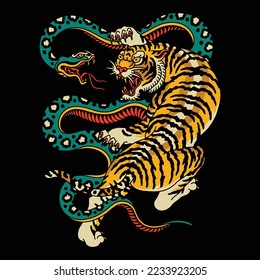 Tiger and Snake Battle Tattoo Vector Design