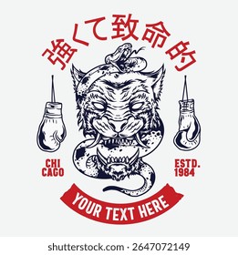 Tiger and Snake Boxing Club Japanese Style Vector Graphic Design Street Wear Badge Illustration for Logo, T-shirt Design, Patch, Poster and Others