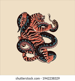 tiger and snake tattoo vector design