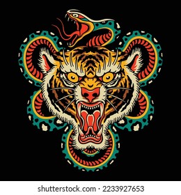 Tiger and Snake Tattoo Vector Design