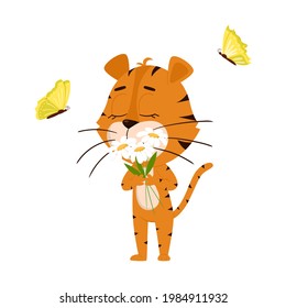Tiger sniffs daisies, butterflies fly Cute cartoon character. The tiger is the symbol of the year 2022. Vector illustration for children. Isolated on a white background.