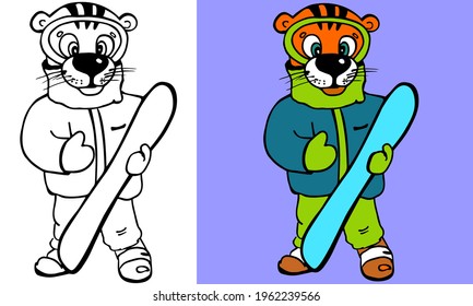 Tiger with snow board cartoon with and without color. Coloring page for kids book. Cute illustration for winter sports poster, winter resort logo