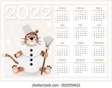 Tiger as snowman horizontal calendar 2022 week starts on Sunday, tiger Chinese new year. Cute animal character with adorable elements, for wall poster, card, agenda, nursery. Vector illustration