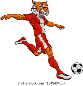 A tiger soccer football player cartoon animal sports mascot kicking the ball