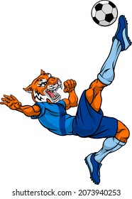 A tiger soccer football player cartoon animal sports mascot kicking the ball