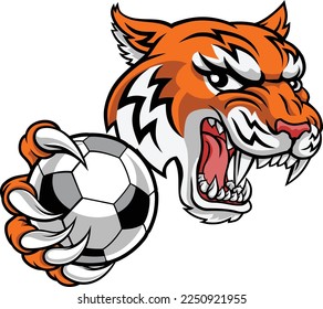 A tiger soccer football player cartoon animal sports mascot holding a ball in its claw