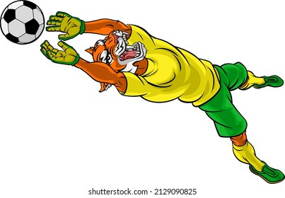 A tiger soccer football player goal keeper cartoon animal sports mascot diving to catch the ball