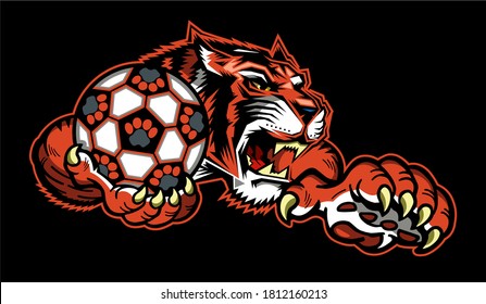tiger soccer team mascot holding ball for school, college or league