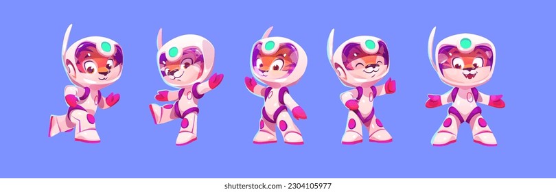 Tiger space astronaut cute baby cartoon vector character illustration. Funny animal kid for cosmos explore. Fantastic childish cat in spacesuit with helmet active mascot run, wave and pose happy