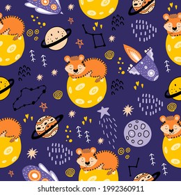 A tiger in space sleeps on the moon. Seamless pattern with planets, tigers,constellations, moon, stars for the design of children's fabrics, for newborns. 2022 - The Year of the Tiger.