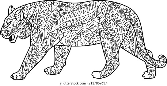 Tiger - spring. Coloring book for adults. Coloring pages with a tiger. Antistress freehand sketch with doodle and zentangle elements.