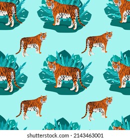 Tiger standing among thick palm leaves, wild carnivores living in the jungle, vector illustration in flat style.