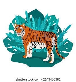 Tiger standing among thick palm leaves, wild carnivores living in the jungle, vector illustration in flat style.