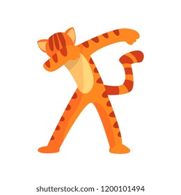 Tiger standing in dub dancing pose, cute cartoon wild animal doing dubbing vector Illustration on a white background