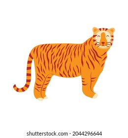 Tiger steht. Apfelwild gestreifte Katzen, schnelle und agile Tiere. Farbige Vektorgrafik einzeln handgezeichnet. Jahr des Tigers