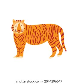 Tiger is standing. Noble wild striped feline, fast and agile animal. Colorful vector isolated illustration hand drawn. Year of the tiger