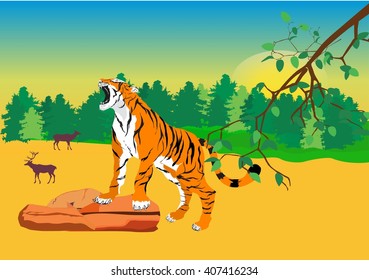 Tiger standing on stone forest vector landscape vector illustration.