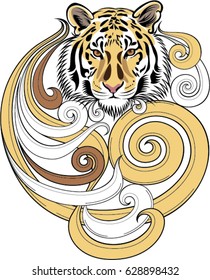 Tiger standing on the stone vector illustration.Design for tattoo, wall decoration, bag, pillow cover, t-shirt, book and poster.