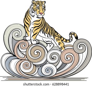 Tiger standing on the stone vector illustration.Design for tattoo, wall decoration, bag, pillow cover, t-shirt, book and poster.