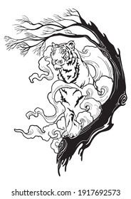 Tiger standing on the tree with steam cloud design for illustration ink drawing tattoo motif vector with white background 