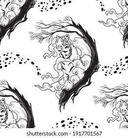 Tiger standing on the tree with steam cloud design for illustration ink drawing tattoo motif vector for print seamless pattern with white background 