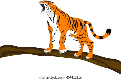 Tiger standing on tree trunk vector illustration.