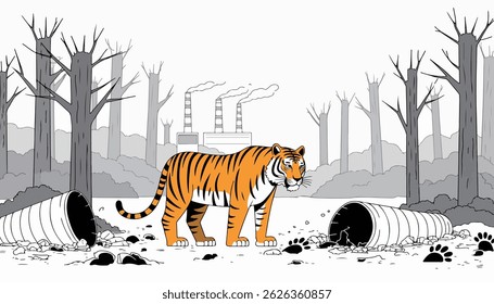 A tiger stands amidst pollution, with factories in the background and waste on the ground, highlighting environmental concerns.
