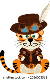 Tiger in steampunk style. Vector illustration on a white isolated background. Symbol of the year.