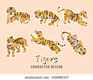 Tiger sticker set. Jungle animal stickers design. Funny big fat cat print.