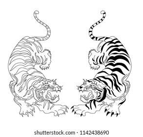 Tiger Sticker tattoo design, Cartoon tiger on black background. Vector.Traditional hand drawn tiger illustration for printing on shirt.