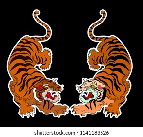 Tiger Sticker tattoo design,Cartoon tiger on black background.Vector