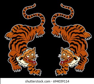 Tiger Sticker tattoo design,Cartoon tiger on black background.Vector