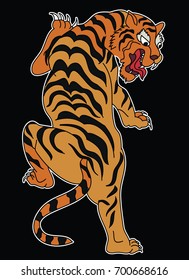 Tiger Sticker tattoo design,Cartoon tiger on black background.Vector.Traditional Japanese culture for printing on background.