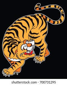 Tiger Sticker tattoo design,Cartoon tiger on black background.Vector.Traditional Japanese culture for printing on background.