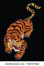 Tiger Sticker tattoo design,Cartoon tiger on black background.Vector.Traditional Japanese culture for printing on background.