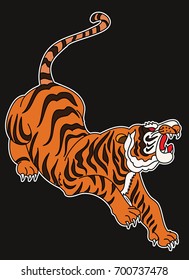 Tiger Sticker tattoo design,Cartoon tiger on black background.Vector.Traditional Japanese culture for printing on background.