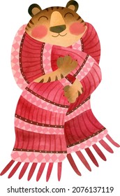 Tiger in a stole with a pattern.For postcards, design.Vector illustration drawn by hand.