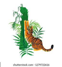 Tiger stretching hic body, yawning and sharpening his claws on a tree surrounded by exotic leaves. Vector illustration isolated on white background