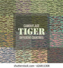 Tiger stripe Camouflage seamless patterns of different countries. Vector Illustration.